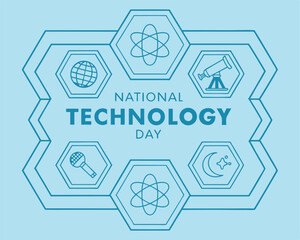 Obraz premium National Technology Day Design: Hexagons with Science and Tech Icons.