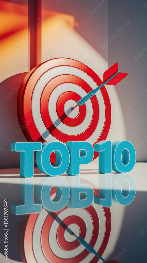 Poster dynamic red and white target with arrow hitting 'top 10' in bright light reflection