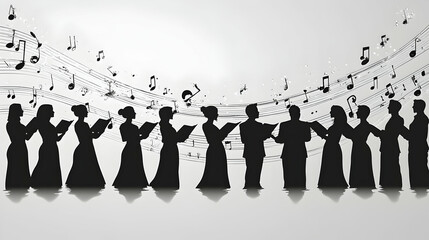 A choirs silhouette sings against a backdrop of musical notes harmony floating above Reflected figures mirror the art