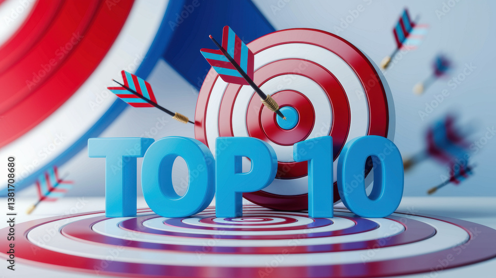 Poster dynamic illustration of top 10 concept with red and blue target arrows in a vibrant competitive sett