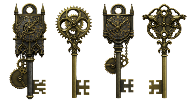 Antique Steampunk Keys with Clocks and Gears on White Background