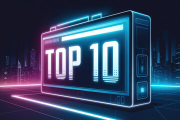 Futuristic Neon 'Top 10' Display Against a City Skyline in Vibrant Electric Blues and Pinks