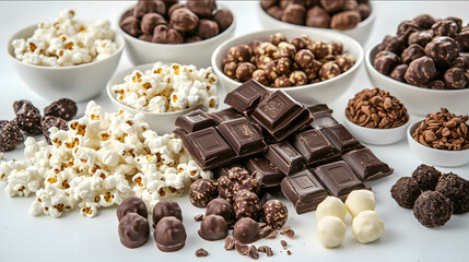 Obraz premium chocolates popcorn truffles snack mix setting on a white table white background