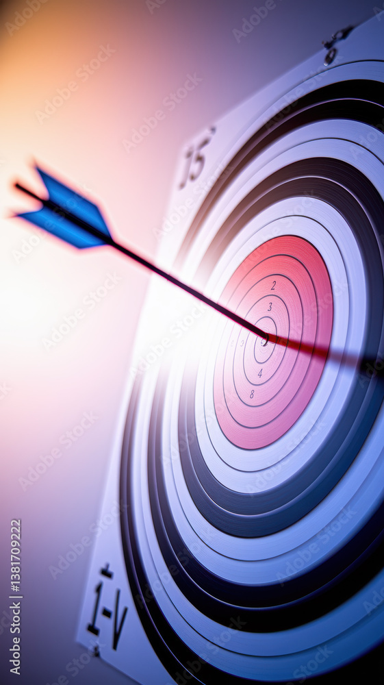 Poster precision targeting: an arrow hitting the bullseye with a bright background in dynamic lighting