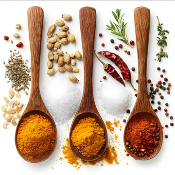 indian spices top shot salt turmeric coriender seeds powder kept in wooden spoons creative shot on white background dry chillies and spices around