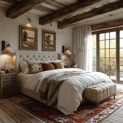Tranquil rustic farmhouse bedroom with modern design high resolution picture