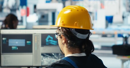 Photovoltaics factory engineer wearing yellow hardhat analyzing data, reviewing system metrics....