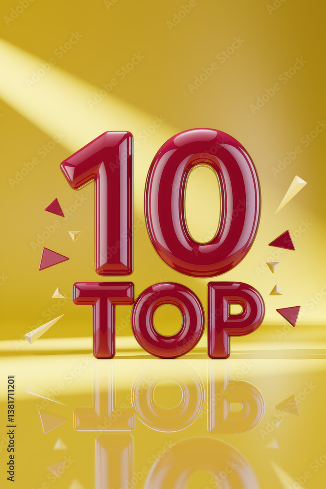 Aufkleber eye-catching 3d render of 'top 10' sign in glossy red with shiny yellow background and dynamic light