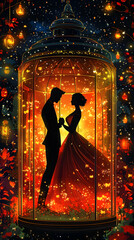 A couples silhouette inside a birdcage under lanterns and leaves radiating in a warm glow of soft colors