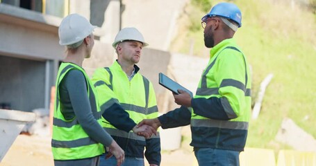 Handshake, engineering people or tablet on construction site for welcome, proposal or building collaboration. Architect team, hello or inspector man with tech for introduction to property development