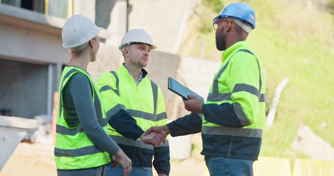 Handshake, engineering people or tablet on construction site for welcome, proposal or building collaboration. Architect team, hello or inspector man with tech for introduction to property development