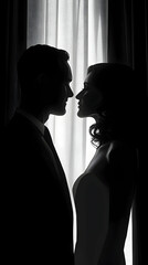 A dark silhouette of a man and woman face to face against window and curtains expressing emotion and romance