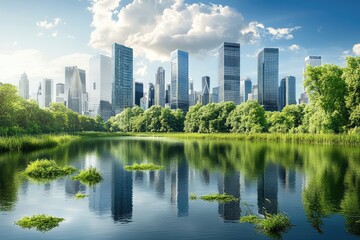 Modern renewable energy city with nature and ecology. AI generated illustration.