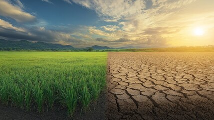 Two contrasting landscapes: one lush and green, the other dry and cracked, concept of environmental impact generative ai