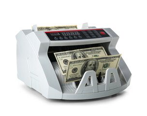 Modern cash counting machine with dollar banknotes on white background