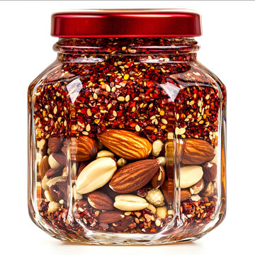 exagonal small crystal jar with top hold red flakes chili with oil inside peanuts pecans sesame seeds almonds mixed inside
