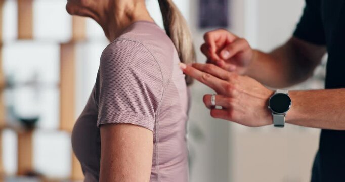 Chiropractor, person and hands with patient or back for checkup, muscle or recovery at clinic. Closeup, physical therapy or client with therapist for sore tension, healing or joint sprain at practice