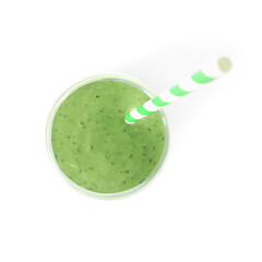 Glass of tasty green smoothie with straw on white background