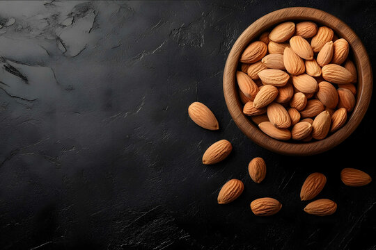 Almonds in a wooden bowl scattered raw almond nuts on a dark wood background with space for text and advertising Highquality photo of dry almonds in a wooden container - Powered by Adobe
