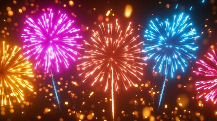 Beautifully colored fireworks explode in the darkness of the night sky