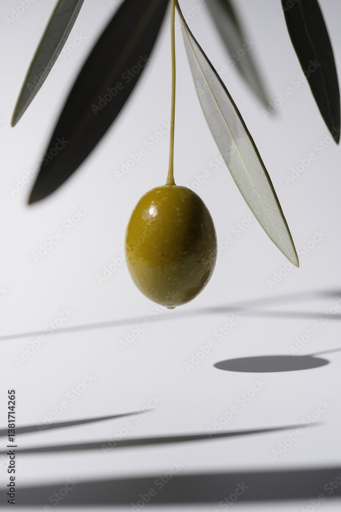 Aufkleber elegant olive hanging from branch with soft shadows and minimalist background