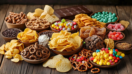 Fototapeta premium A vibrant colorful assortment of snacks is laid out on a rustic wooden table The spread includes a variety of treats such as crispy potato chips salted pretzels cheesy