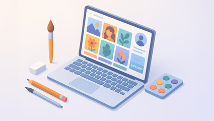3D Art Portfolio &ndash; Isometric Illustration of Digital Artwork Upload and Creative Workspace