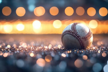 Fototapeta premium Close-up of a baseball on a stadium field at night, featuring blurred lights and a bokeh effect. Ultra-realistic, high-resolution sports concept image.