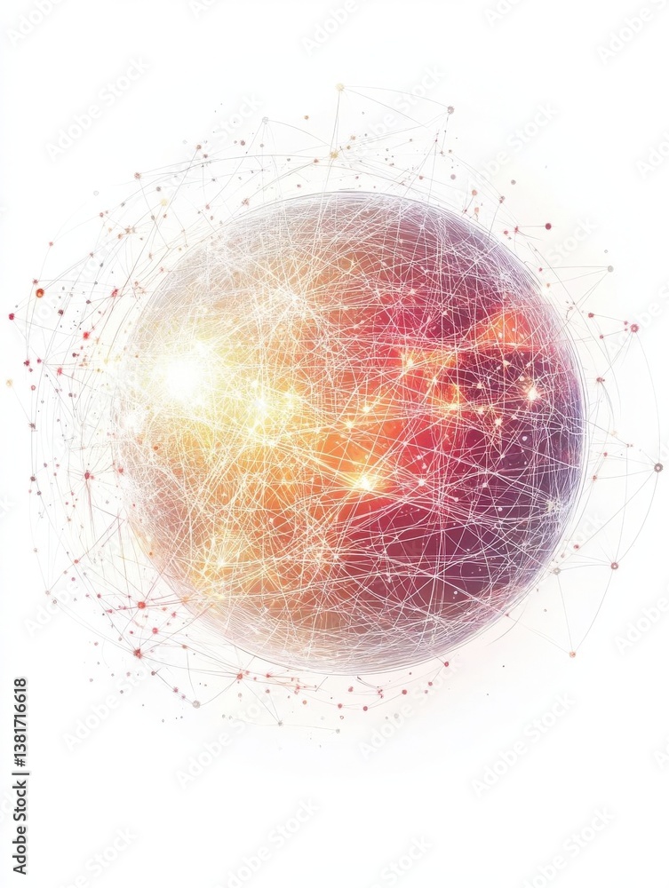 Poster abstract digital sphere with glowing connections and cosmic elements on a white background, represen