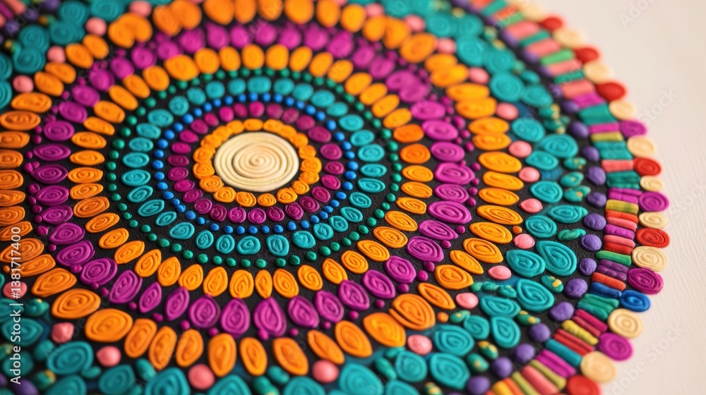 Poster A vibrant, circular artwork made of colorful rolled paper, showcasing intricate patterns and textures with a harmonious arrangement of shapes.
