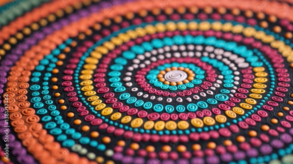 Poster a vibrant, colorful spiral pattern composed of small, circular shapes in various hues, creating a vi