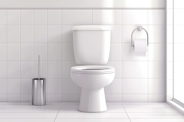 Modern toilet room interior with tiled walls and ceramic toilet. AI generated illustration.