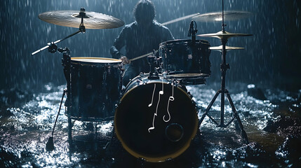 A person plays drums in the rain creating a dramatic musical scene with glistening surfaces and intense atmosphere