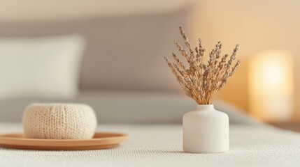 A minimalist arrangement featuring a small white vase with dried lavender, a knitted decorative item, and a neutral background, creating a soothing atmosphere.
