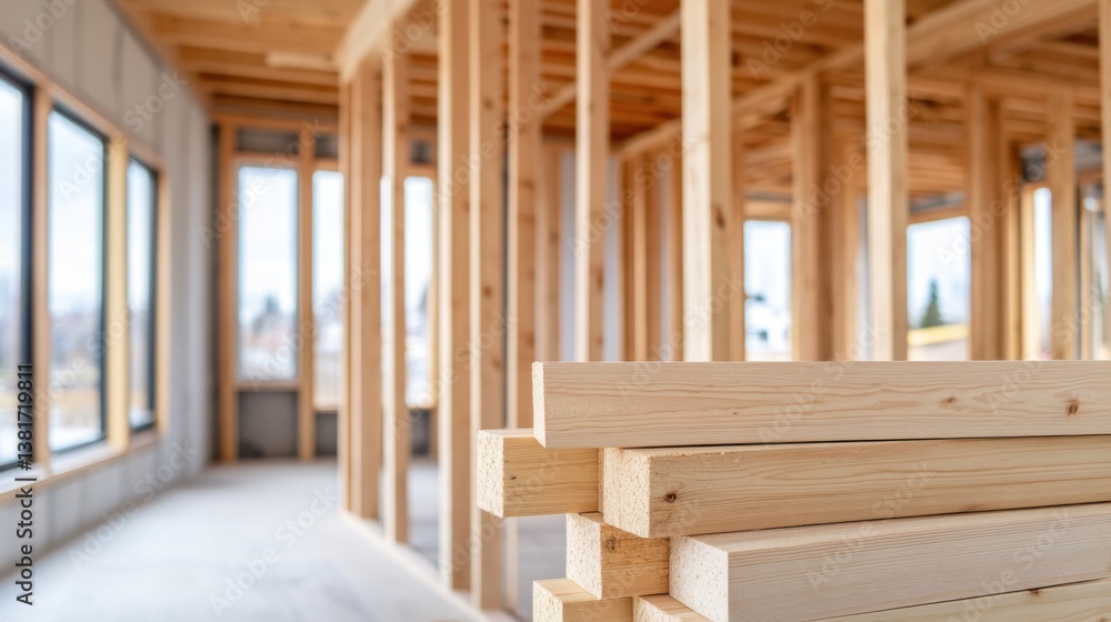 Poster freshly cut lumber stacked for use in modern home construction project with framework in background