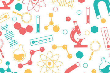 School-themed backgrounds. Back to school.Concept Science and education. Painted multicolored school supplies. Molecules and atoms, chemicals in test tube, microscope. Science design