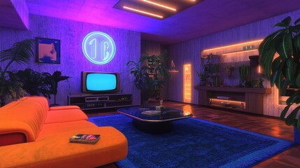 Retro apartment, neon lights, 80s living room, plants, vibrant decor, entertainment
