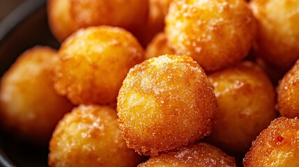 Close-up view of a pile of fried dough balls coated in sugar, a sweet indulgence.