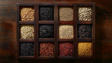 Medium photo Subject Different grains oats black rice red sorghum yellow millet black wheat buckwheat arranged in individual squares The squares are combined together t