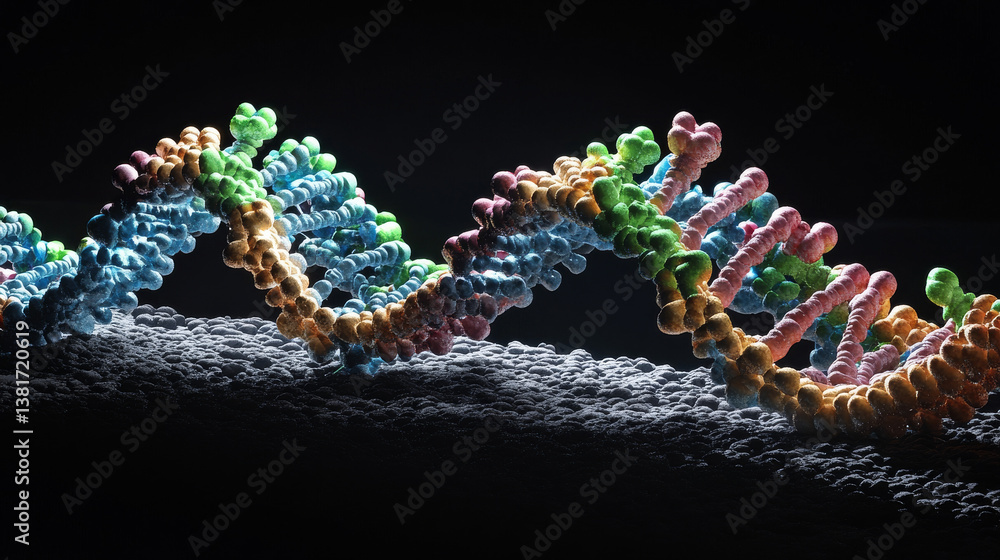 Poster 3d rendering of a decomposing dna helix, representing gene editing and genome sequencing concepts