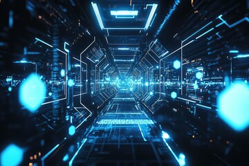 Neon blue hexagons pulse over dark tech grid. AI generated illustration.