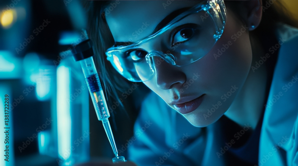 Poster a female scientist in protective eyewear uses a micropipette for laboratory testing in an advanced b