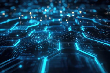 Neon blue hexagons pulse over dark tech grid. AI generated illustration.