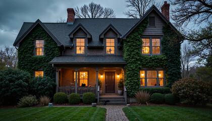 Naklejka premium Charming two-story house with warm lights in a serene garden 
