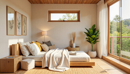 Cozy bedroom with natural light and plants

