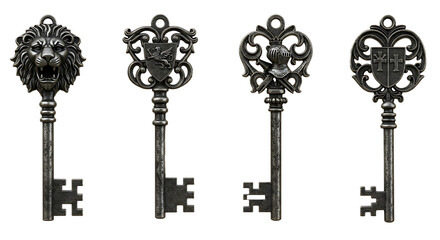 Obraz premium Four vintage metal keys isolated on white background with decorative details