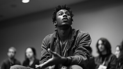 Young man speaking passionately and gesturing with his hands while addressing a crowd at a political meeting, conveying a sense of engagement and activism