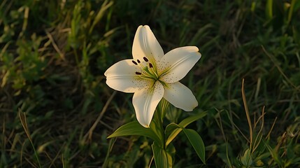 A vibrant white lily in a field with detailed petals is shown