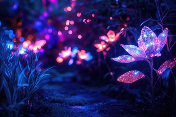 Neon fairy tale forest with glowing flowers and mystery path. AI generated illustration.
