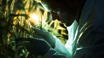 A scientist examines a genetically modified plant specimen, demonstrating concepts of biotechnology and GMO testing
